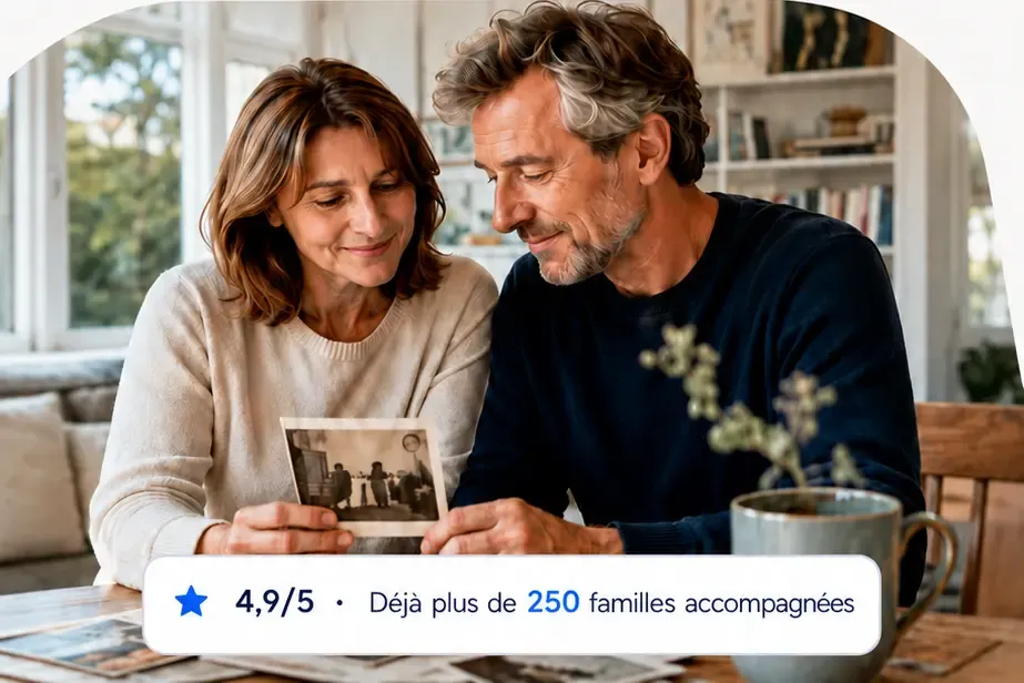 Deux cohéritiers consultent une photographie de famille autour d’une table